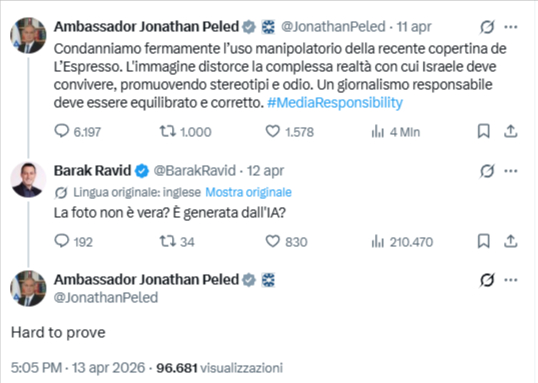 Screenshot del post su X dell'ambasciatore israeliano Jonathan Peled e della conversazione con il giornalista Barak Ravid di Axios sulla veridicità della foto.