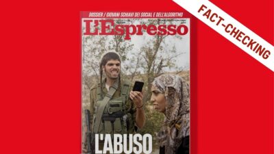 Copertina de L'Espresso "L'Abuso" su sfondo rosso con etichetta obliqua "Fact-checking" in alto a destra.