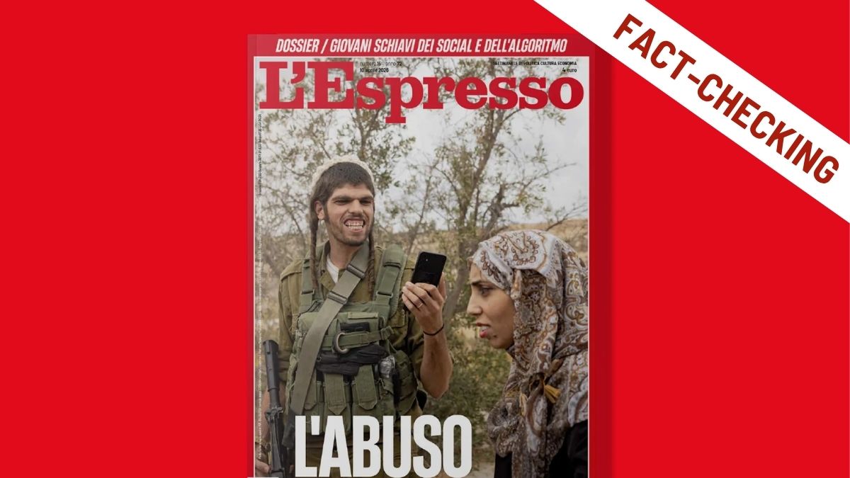 Copertina de L'Espresso "L'Abuso" su sfondo rosso con etichetta obliqua "Fact-checking" in alto a destra.