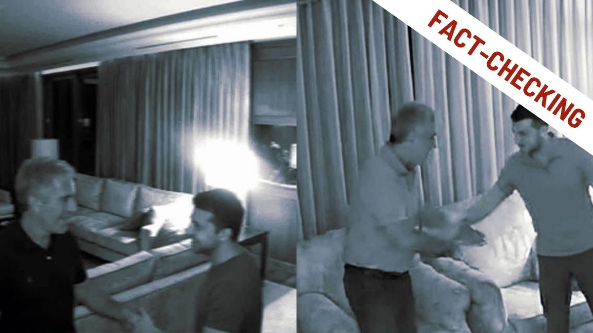 I falsi fotogrammi delle telecamere di sorveglianza di Epstein con Zelensky generati con l'AI. In alto a destra, la scritta fact-checking.