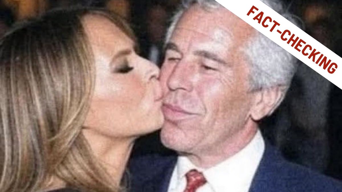Immagine falsa generata con l'AI che ritrae Melania Trump che bacia Epstein. In alto a destra la scritta "Fact-checking".