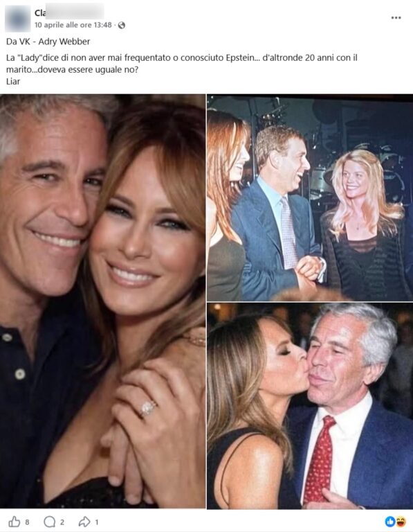 Screenshot di un post Facebook che mostra un collage di foto di Melania Trump e Jeffrey Epstein con un testo che accusa la First Lady di mentire.