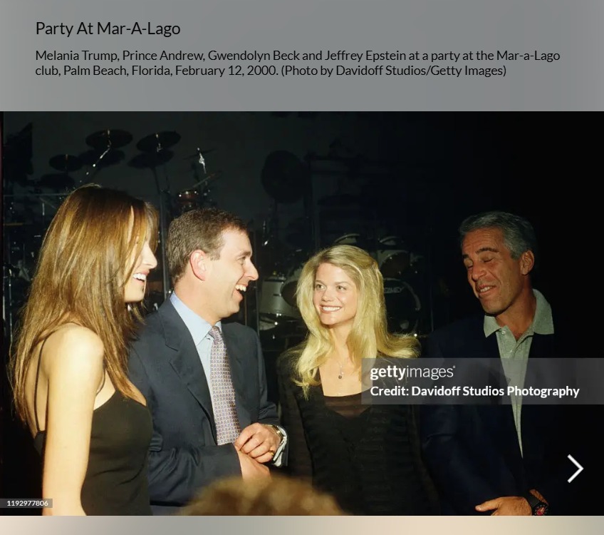 Fotografia autentica del 2000 che ritrae, Melania Knauss (Trump) e Jeffrey Epstein insieme al principe Andrea.