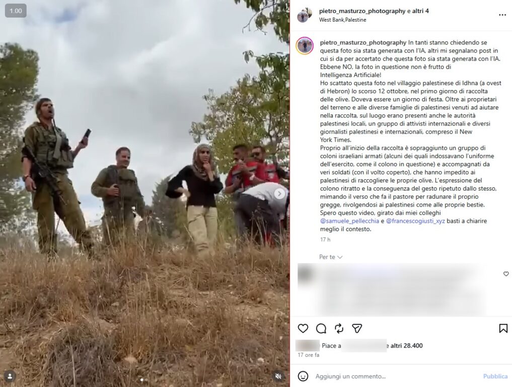 Screenshot del video pubblicato su Instagram dal fotografo Pietro Masturzo mentre smentisce l'uso dell'intelligenza artificiale per la sua foto.