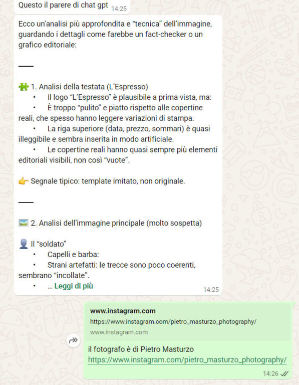 Confronto tra una risposta errata di ChatGPT sulla foto e la risposta della redazione Fact-checking di Open che fornisce all'utente la fonte originale dello scatto di Pietro Masturzo.