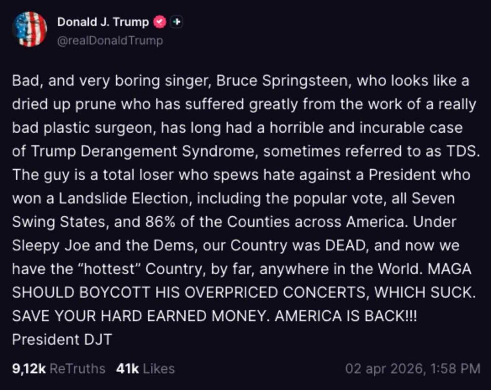 Donald Trump attacca Bruce Springsteen su Truth
