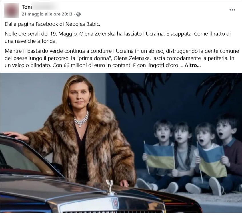 Screenshot del post Facebook che rilancia la falsa notizia della fuga di Olena Zelenska dall'Ucraina con 66 milioni di euro