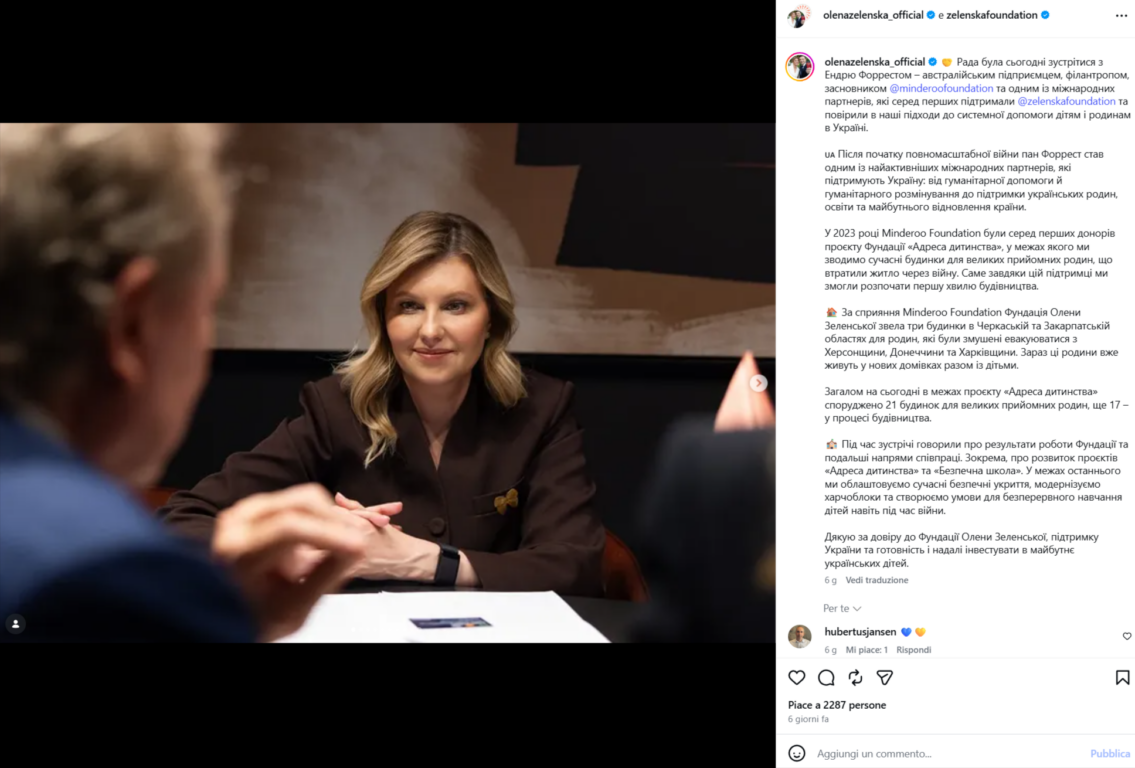 Screenshot dal profilo Instagram di Olena Zelenska che documenta il suo incontro con Andrew Forrest il 20 maggio 2026
