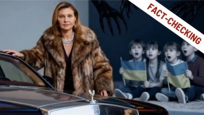 Fotomontaggio di propaganda che ritrae Olena Zelenska in pelliccia accanto a un'auto di lusso, giustapposto a bambini ucraini impauriti con bandiere: un'immagine costruita per alimentare la falsa narrazione sulla fuga della first lady