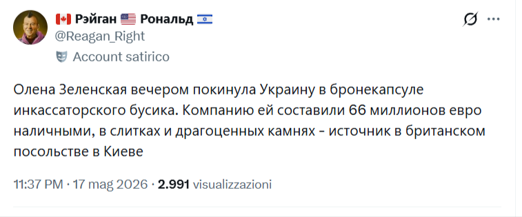 Screenshot dell'account pro-russo su X che il 17 maggio 2026 ha diffuso per primo la falsa notizia della fuga di Zelenska