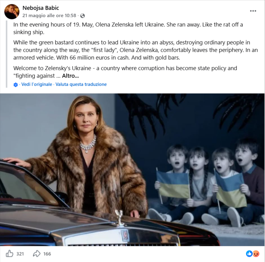 Screenshot del post Facebook di Nebojsa Babic che rilancia la falsa notizia sulla fuga di Olena Zelenska