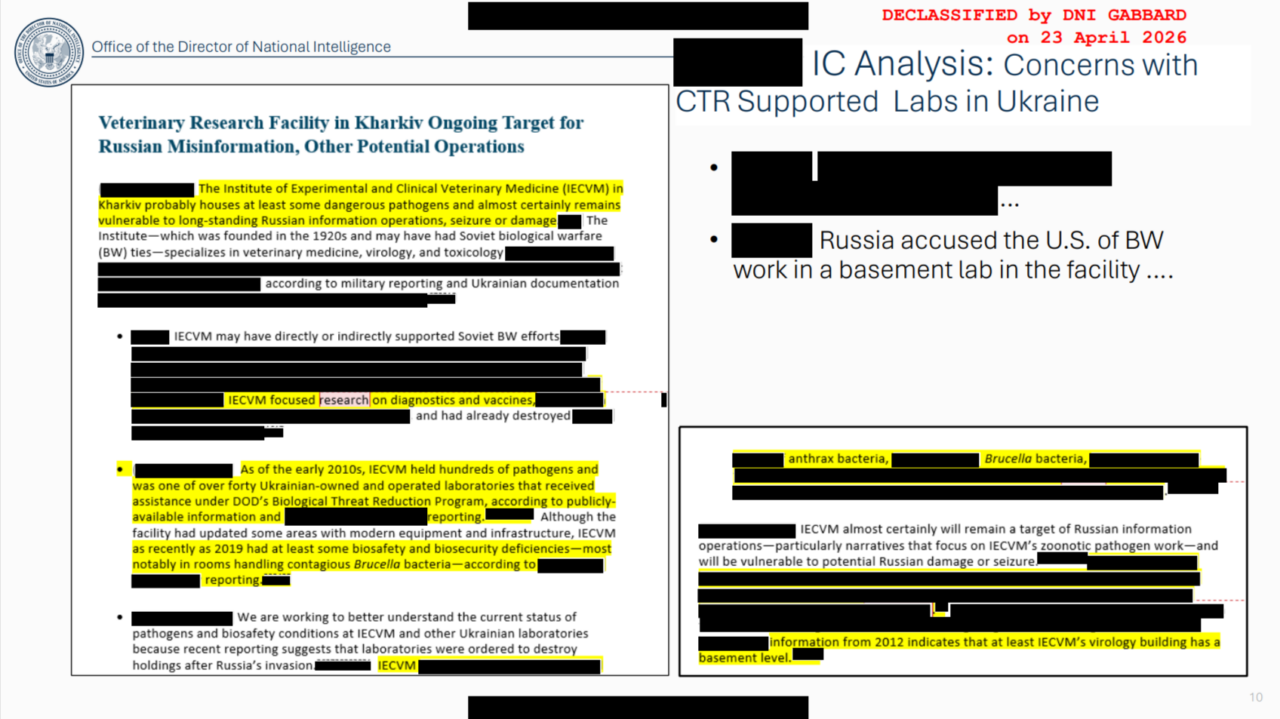 Prima pagina del documento BIOLAB Slides pubblicato dall'ODNI con l'intestazione dell'Office of the Director of National Intelligence sui laboratori finanziati dagli Stati Uniti in Ucraina