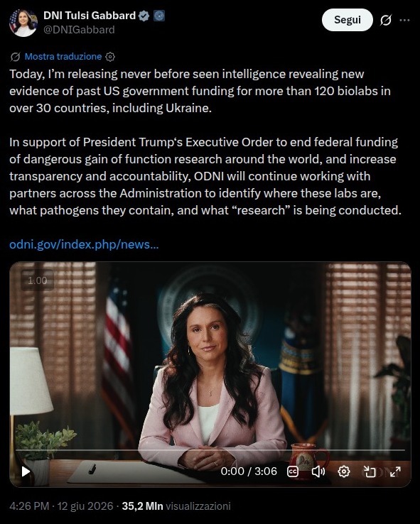 Il post di Tulsi Gabbard su X del 12 giugno 2026 con cui la direttrice dell'intelligence USA annuncia il rilascio dei documenti declassificati sui biolaboratori finanziati in oltre 30 Paesi, Ucraina compresa
