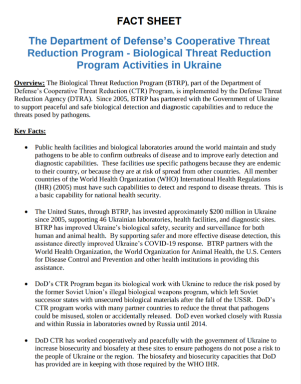 La scheda informativa del Dipartimento della Difesa USA dell'11 marzo 2022 sul Biological Threat Reduction Program in Ucraina, con i 200 milioni di dollari investiti dal 2005 e i 46 laboratori sostenuti