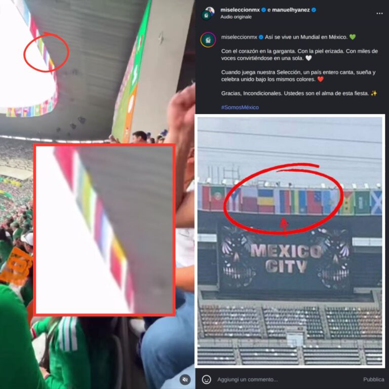 Inquadratura dagli spalti dello stadio Azteca durante la partita inaugurale tra Messico e Sudafrica che conferma la presenza del vessillo