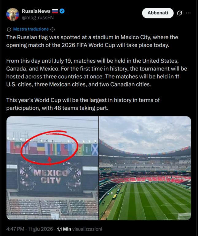 Screenshot di un post su X che mostra la foto della bandiera russa appesa nell'anello superiore dello stadio Azteca