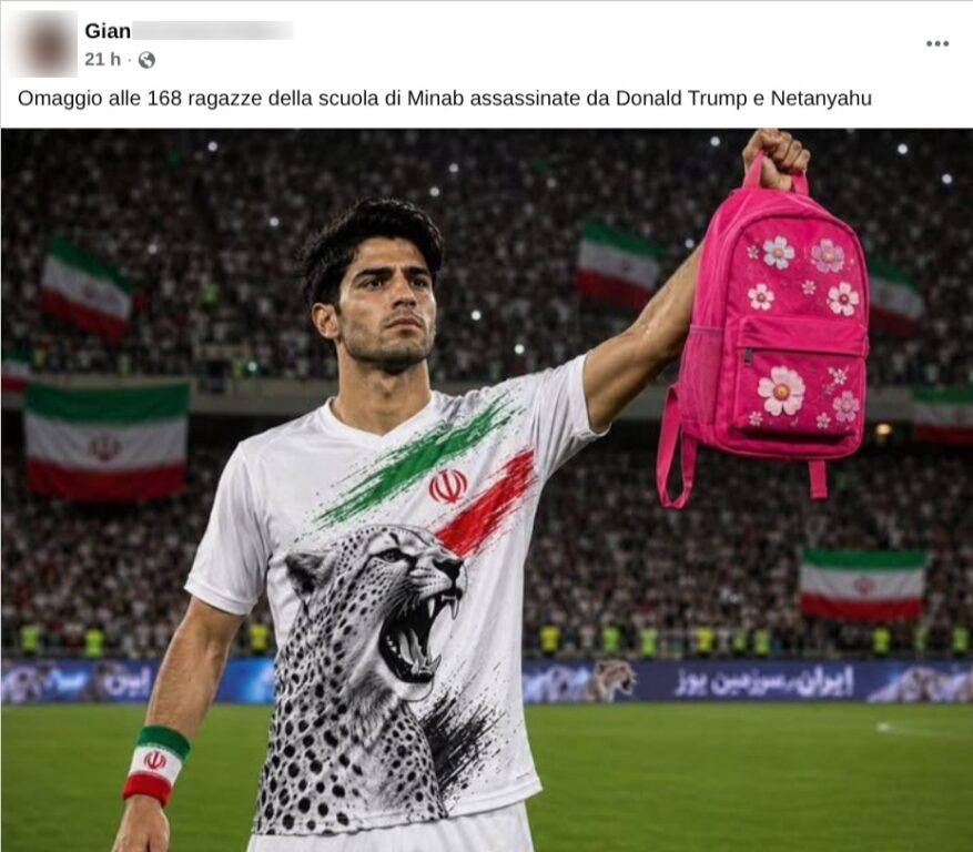 Immagine generata con l'AI di un calciatore iraniano che solleva uno zainetto rosa a fiori davanti a uno stadio gremito con bandiere dell'Iran