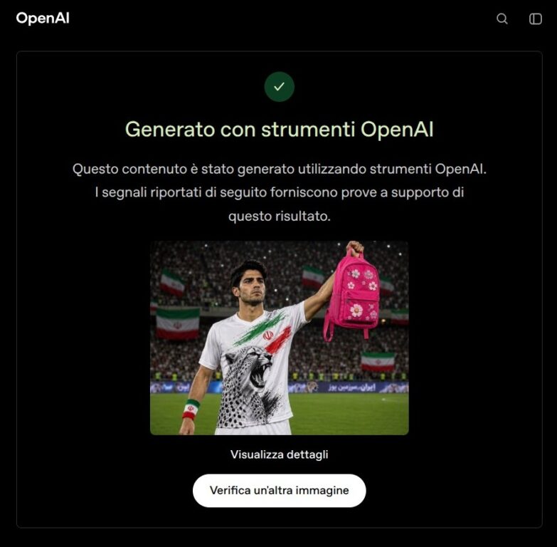 Schermata del servizio di verifica di OpenAI che identifica l'immagine come generata con i propri strumenti di intelligenza artificiale