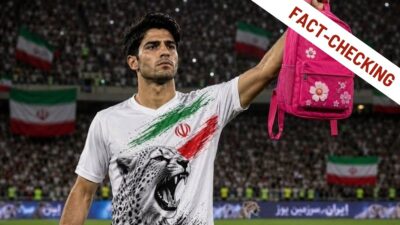 Fact-checking di un'immagine generata con l'AI di un calciatore iraniano che solleva uno zainetto rosa a fiori davanti a uno stadio gremito con bandiere dell'Iran