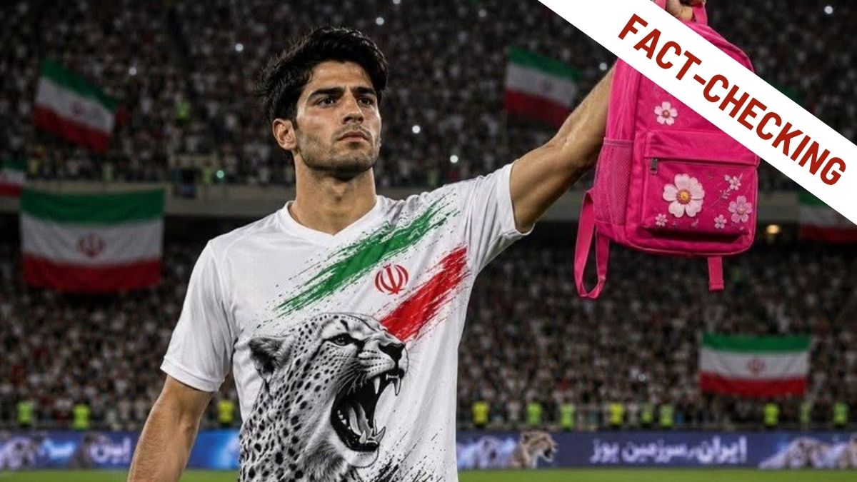 Fact-checking di un'immagine generata con l'AI di un calciatore iraniano che solleva uno zainetto rosa a fiori davanti a uno stadio gremito con bandiere dell'Iran