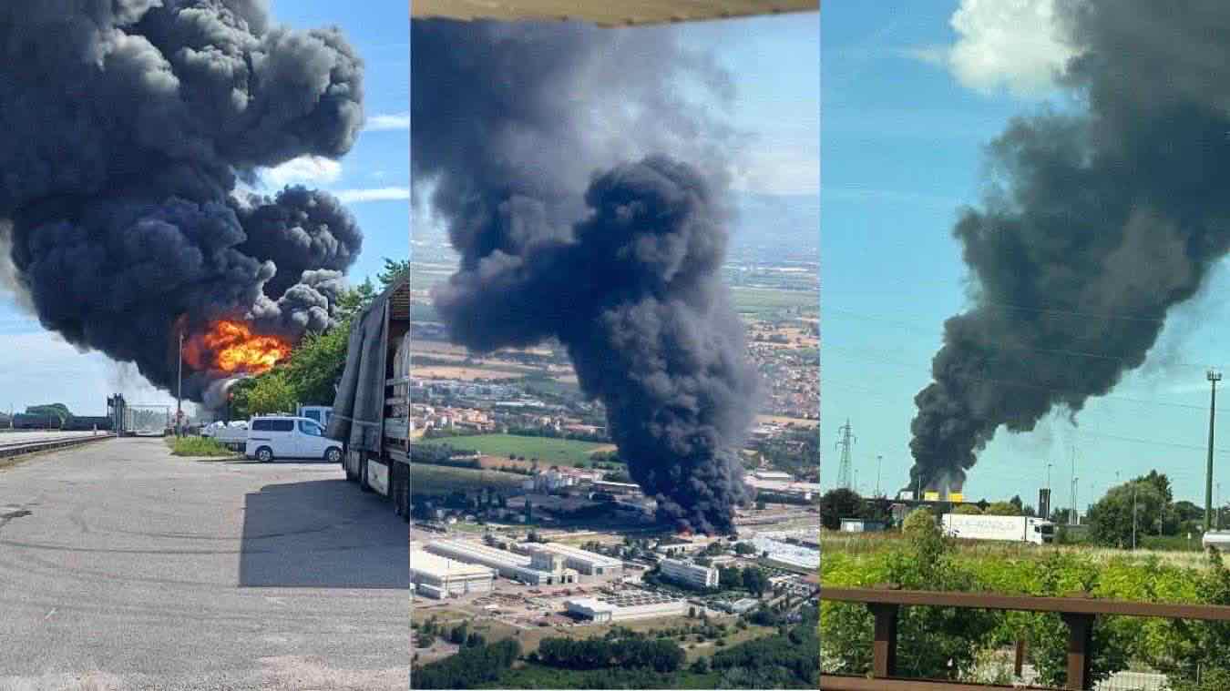 A fuoco un magazzino di plastica a Mantova, escluso per ora il rischio ambientale. Il rogo alla Versalis, il sindaco: «Non state all’aperto» – Video e Foto