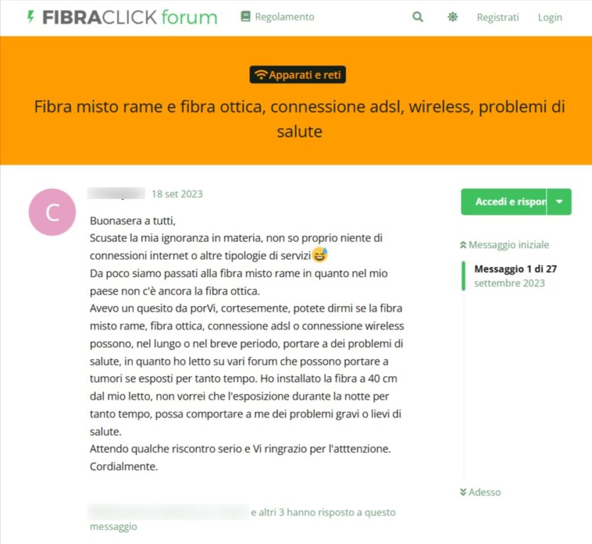 Screenshot della richiesta di informazioni da parte di un utente nel forum Fibra Click sulla presunta pericolosità della fibra ottica
