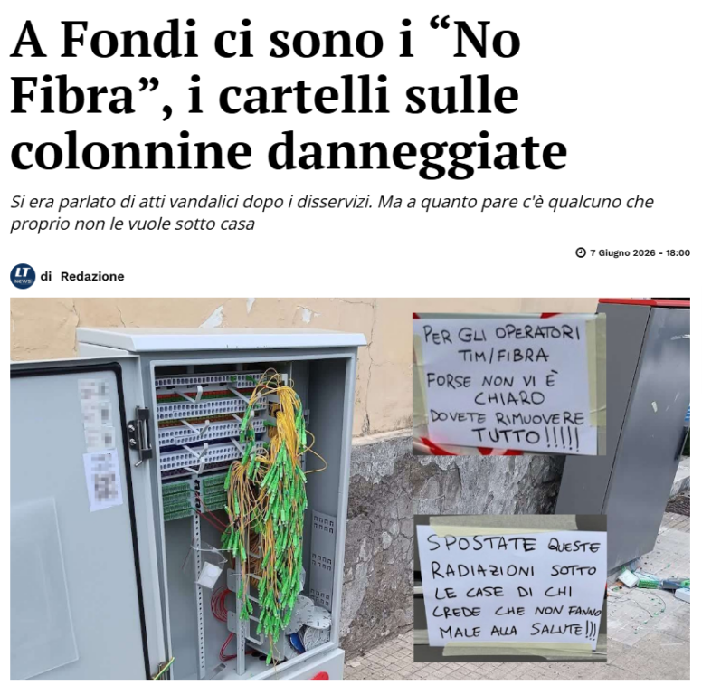 Screenshot dell'articolo di Latina News con le foto dei cartelli apparsi nelle centraline della fibra ottica