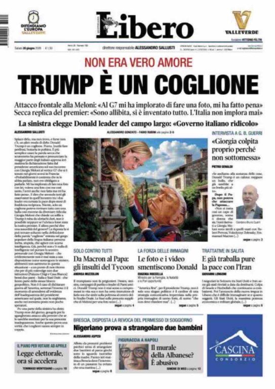 La prima pagina di Libero del 20 giugno 2026 dopo le dichiarazioni di Trump su Meloni
