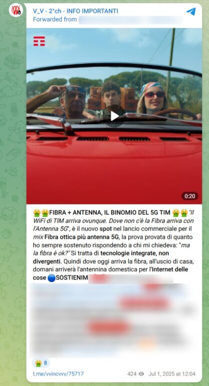 Screenshot del post Telegram della setta ViVi che riporta un collegamento tra fibra ottica e 5G.