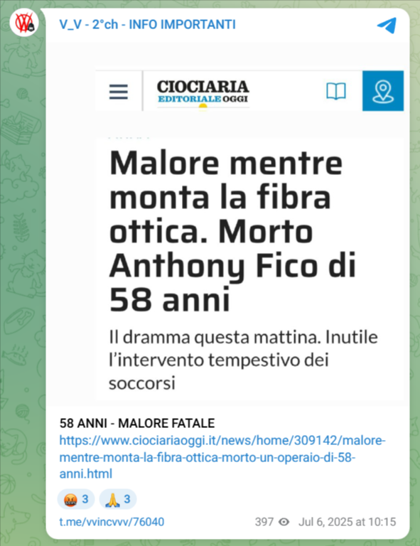 Screenshot di uno dei post ingannevoli del canale Telegram dei ViVi che insinua un collegamento tra il malore e la morte di un operaio e la fibra ottica