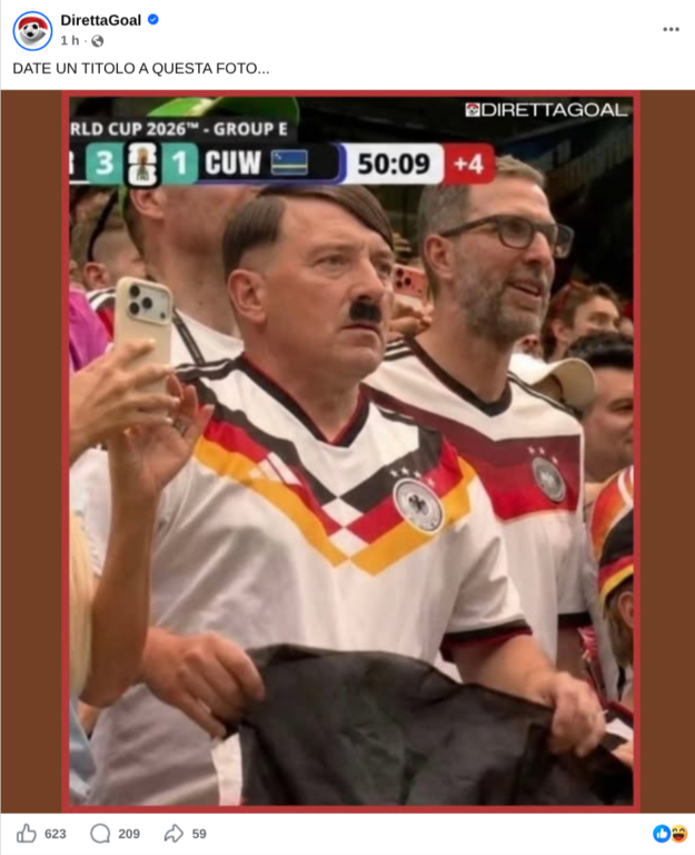 Screenshot ritagliato del presunto tifoso tedesco simile a Adolf Hitler in tribuna ai Mondiali 2026