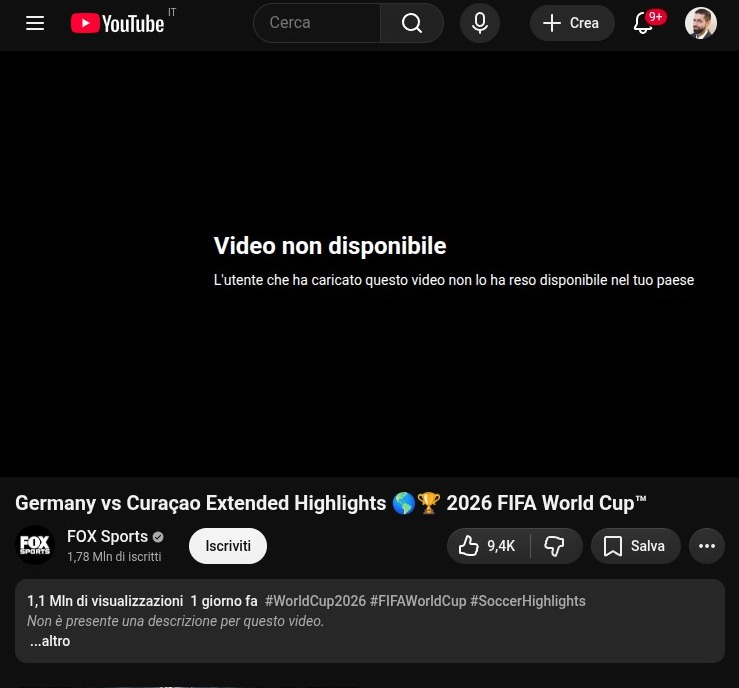 Schermata di errore di YouTube per restrizione geografica del video di Fox Sports.