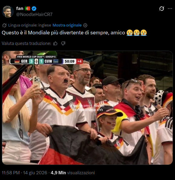 Screenshot completo da X che mostra il contesto e i volti degli altri tifosi intorno al soggetto.