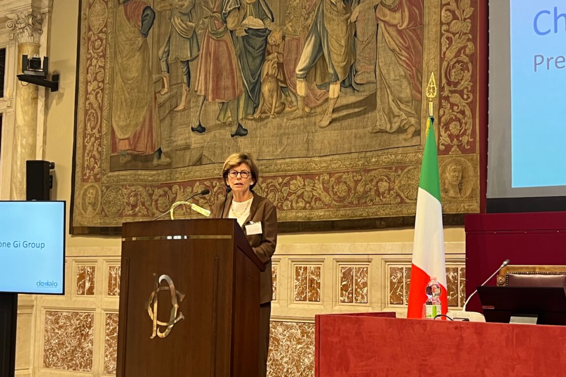 Chiara Violini, presidente della Fondazione Gi Group, durante la presentazione del Rapporto Dedalo nella Sala della Regina, all'interno Camera dei Deputati, 9 luglio 2025 