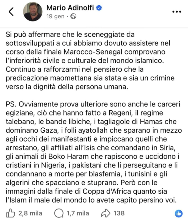 Il post su Facebook di Adinolfi contro la finale della Coppa d'Africa del 19 gennaio 2026