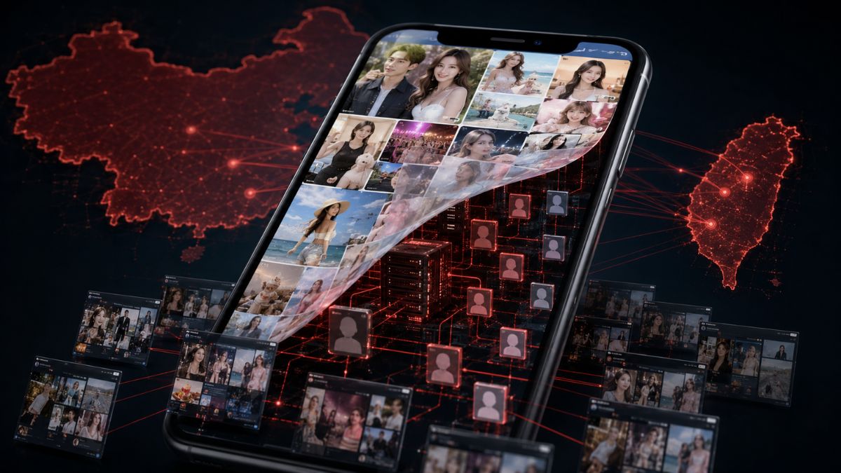 Illustrazione di uno smartphone con contenuti social in apparenza innocui collegato a una rete di account fasulli, con le sagome della Cina e di Taiwan sullo sfondo