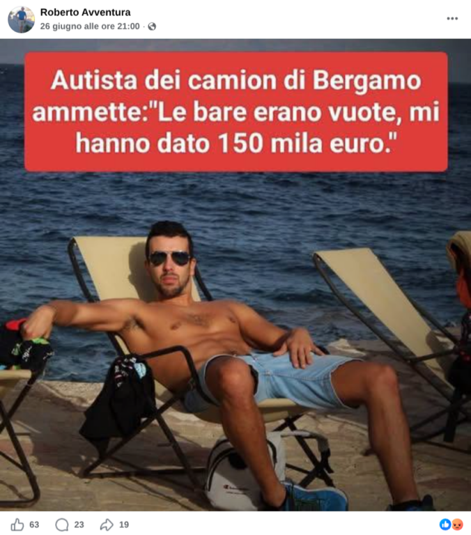 Immagine con testo sovrimpresso su sfondo rosso che attribuisce a un non identificato «autista dei camion di Bergamo» la dichiarazione che le bare fossero vuote in cambio di 150.000 euro