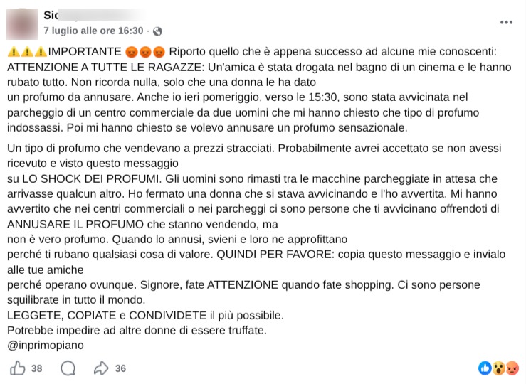 Screenshot del messaggio virale che mette in guardia le donne dal profumo usato come sostanza stordente nei parcheggi