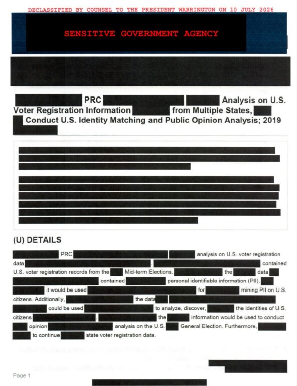 Screenshot di un documento declassificato da Trump sulle acquisizioni cinesi di dati elettorali americani