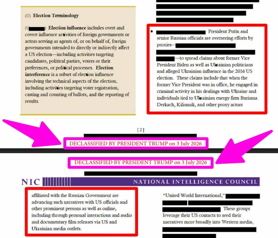 Pagine 2-3 del documento NICA 2020-06885D declassificato da Donald Trump sulla Russia e le elezioni americane del 2020