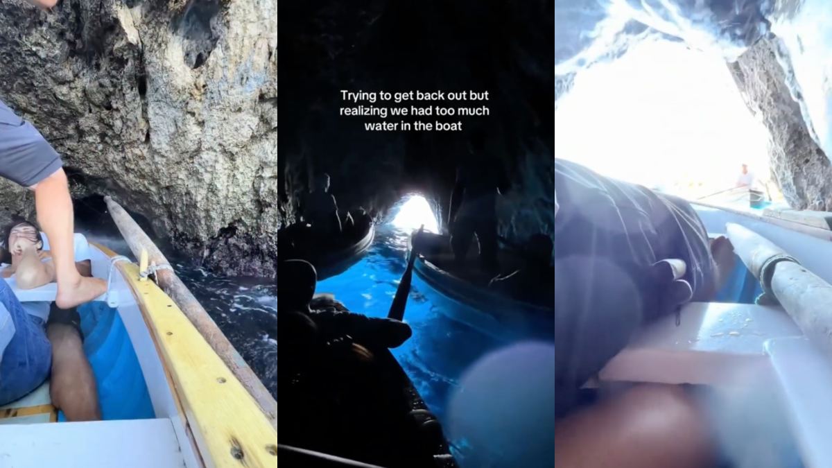 Scogliera rocciosa all'interno di una grotta marina con barca a motore, turisti spaventati, immagine di approfondimento