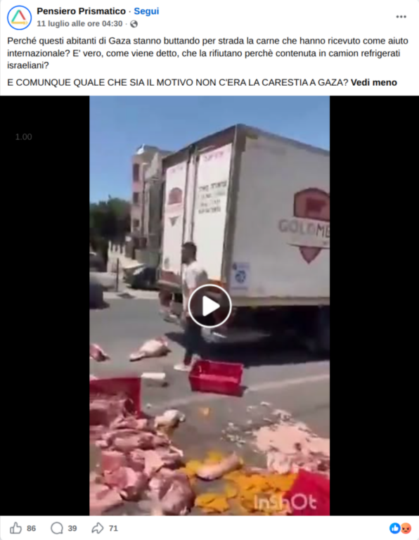Screenshot di un reel Facebook che mostra uomini che scaricano carne da un furgone, con una didascalia che attribuisce le immagini a Gaza
