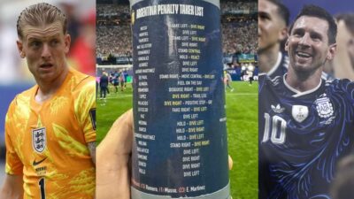 Jordan Pickford, la borraccia con la lista dei rigoristi argentini e Lionel Messi sorridente dopo la semifinale dei Mondiali 2026