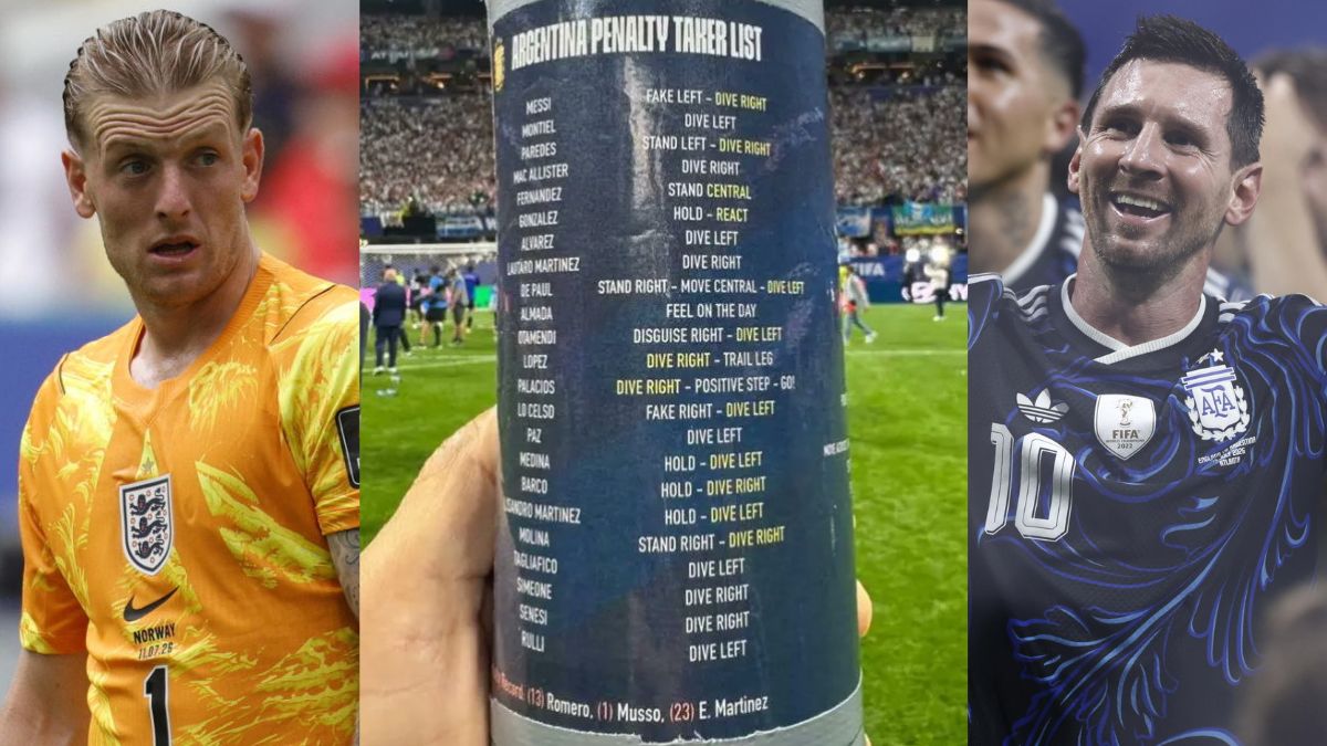 Jordan Pickford, la borraccia con la lista dei rigoristi argentini e Lionel Messi sorridente dopo la semifinale dei Mondiali 2026