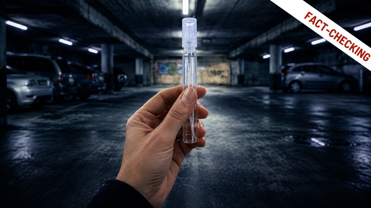 Un flacone spray da profumo tenuto in mano in un parcheggio sotterraneo buio, immagine illustrativa della bufala del profumo stordente