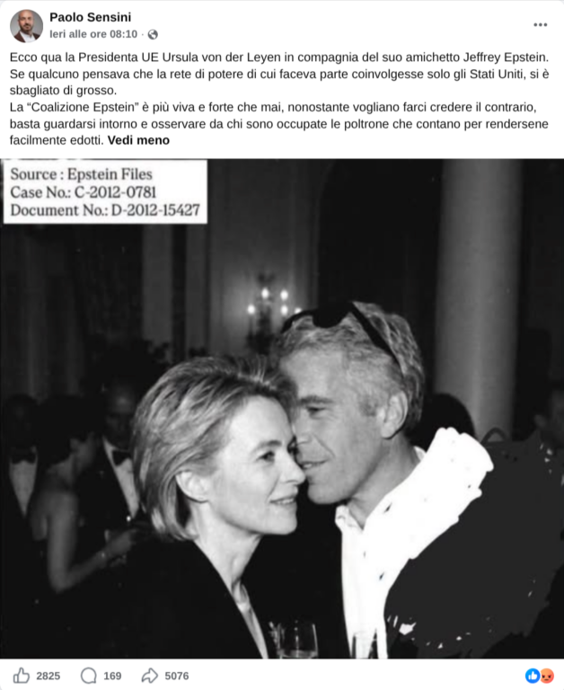 Screenshot del post Facebook di Paolo Sensini del 13 luglio 2026 con l'immagine AI di von der Leyen e Epstein
