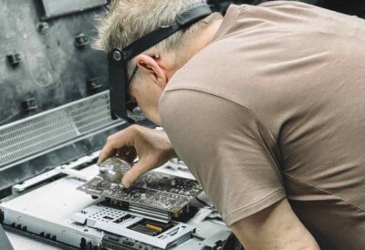 Tecnico al lavoro per riparare un televisore