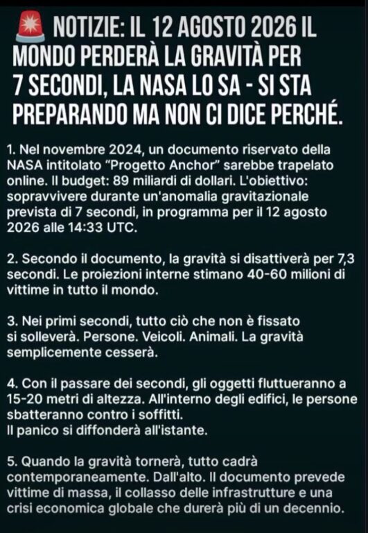 Screenshot di un post in italiano che descrive il presunto documento NASA Project Anchor e la perdita di gravità del 12 agosto 2026