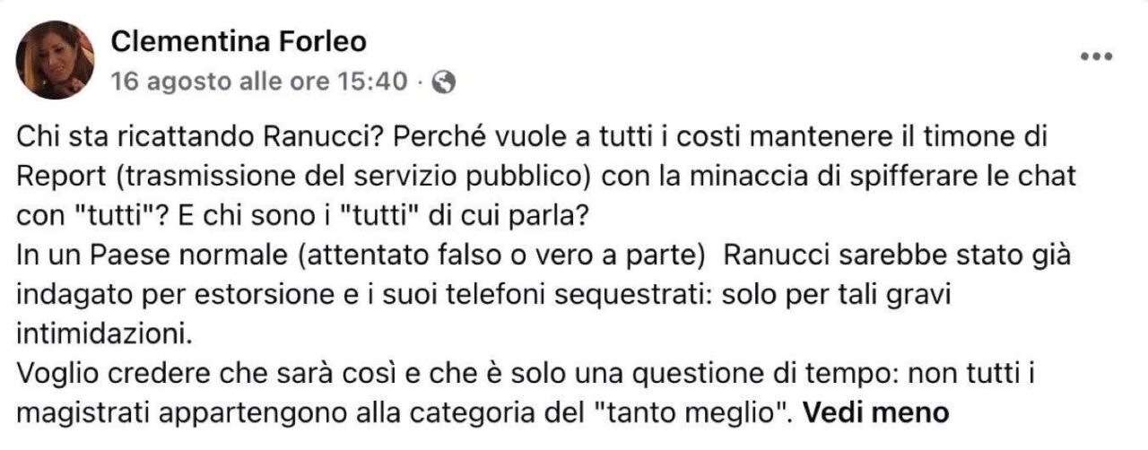 Il post del 16 agosto di Clementina Forleo per cui Sigfrido Ranucci l'ha querelata