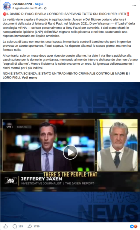 Screenshot del post Facebook con la narrazione fuorviante sui documenti di Weissman e Fauci sul vaccino mRNA e la gravidanza
